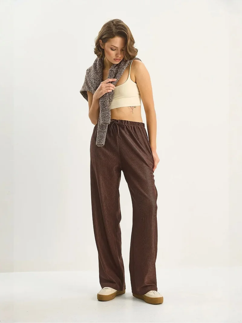 Bianco Lucci Dark Mocha Brown LUCCI High Waist Wide Leg Pants for Women | Best Price UAE